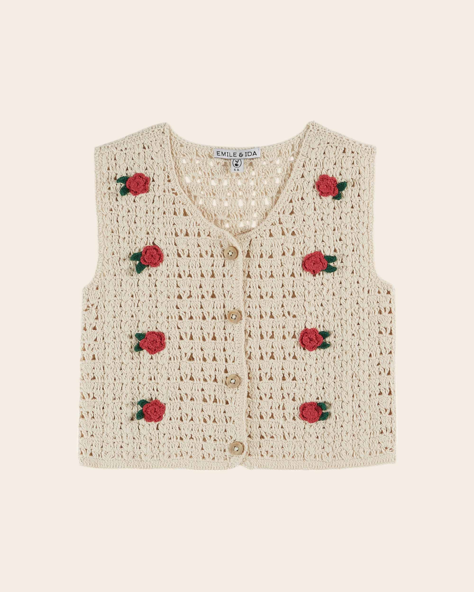 Sleeveless crochet embroidered ecru cardigan