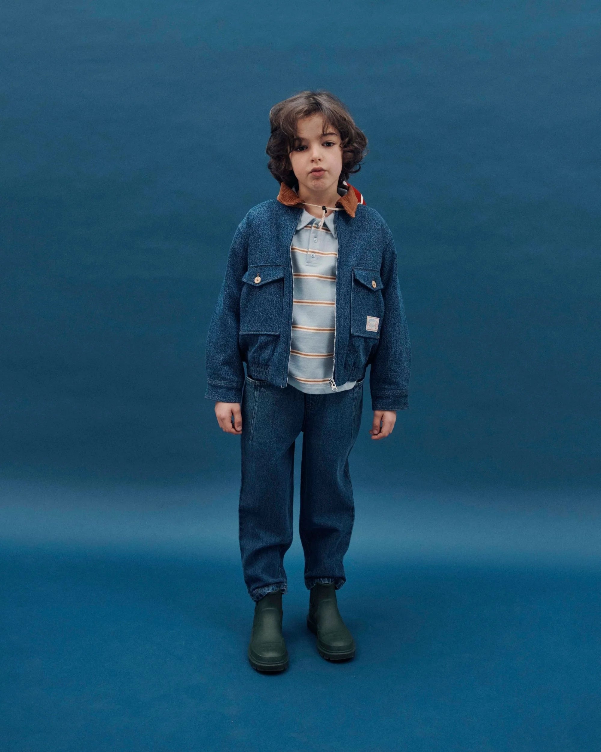 Blue organic cotton striped fleece polo shirt