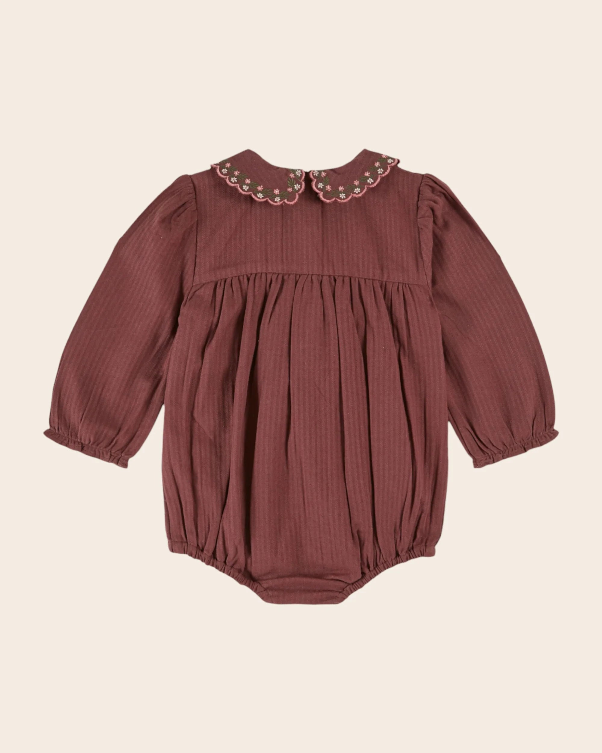 Purple smocked embroidered romper