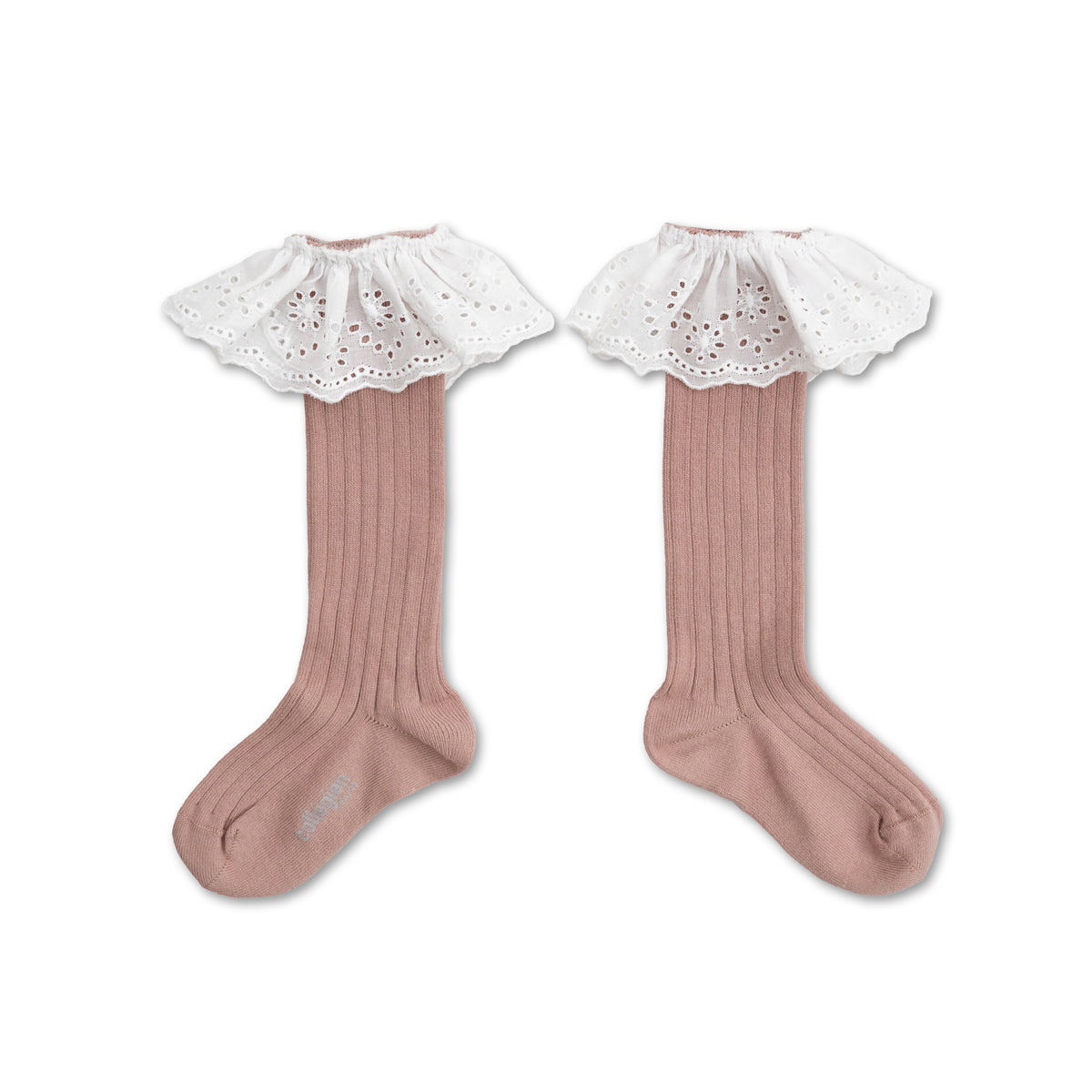 Ribbed Knee-high Socks with Broderie Anglaise - Antique Rose