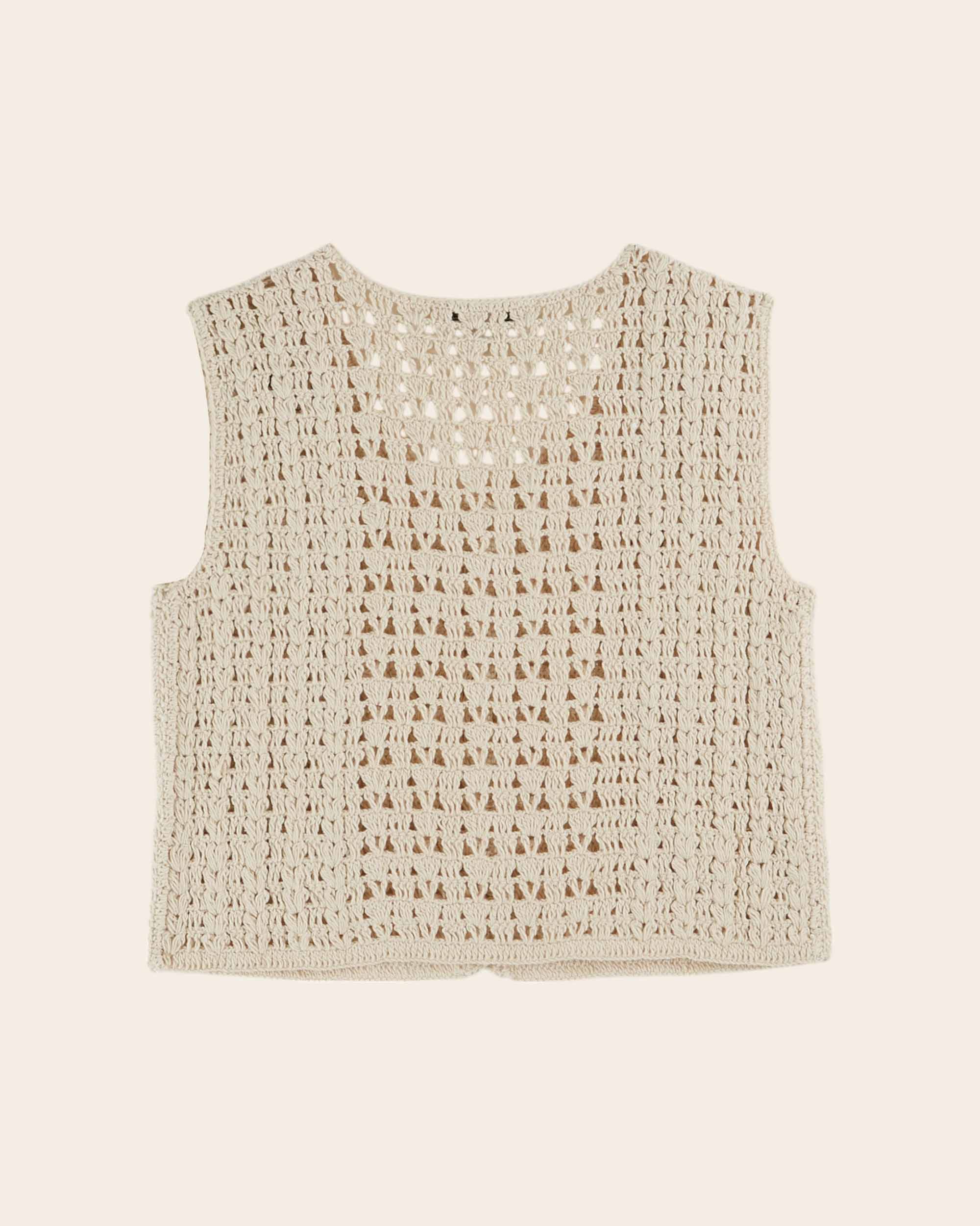 Sleeveless crochet embroidered ecru cardigan