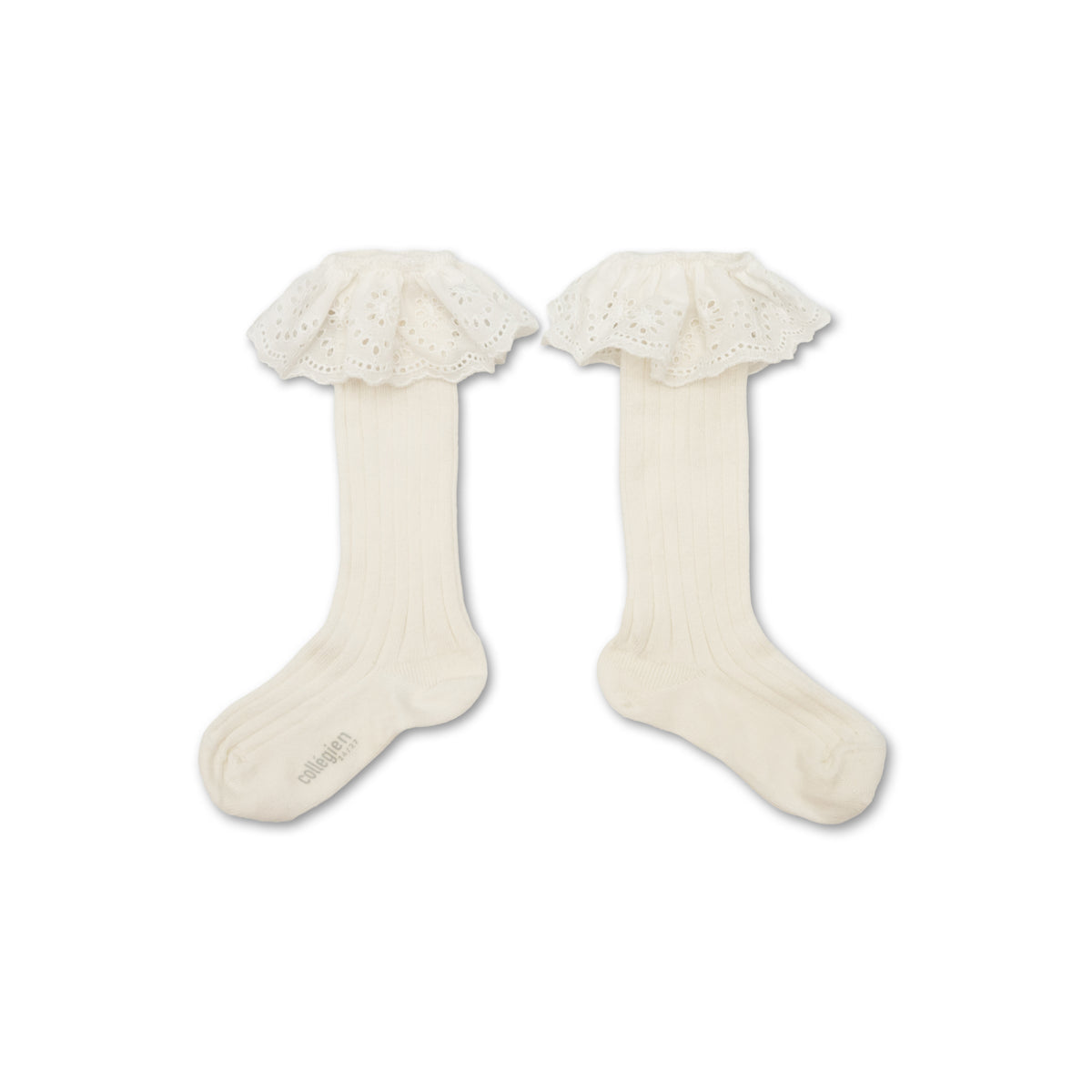 Ribbed Knee-high Socks with Broderie Anglaise - Snow White