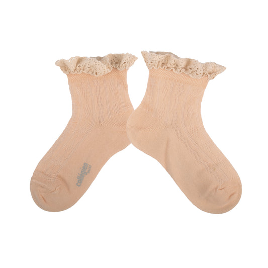 Anette Lightweight Pointelle Socks with Lace Frill- Sorbet