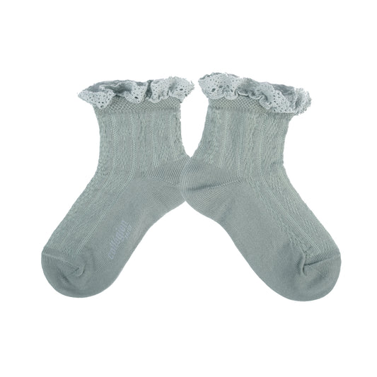 Anette Lightweight Pointelle Socks with Lace Frill- Aquamarine