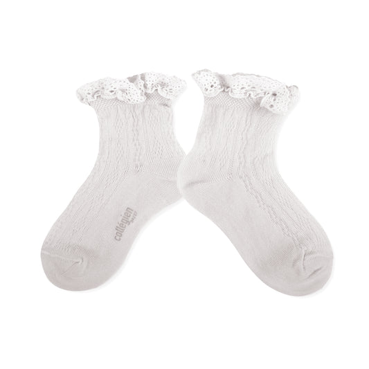 Anette Lightweight Pointelle Socks with Lace Frill- Snow White